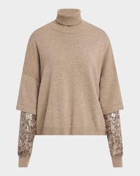 Cashmere Turtleneck Sweater with Sheer Sequined Sleeves
