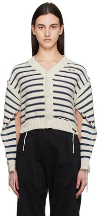 MM6 Maison Margiela Off-White & Navy V-Neck Cardigan