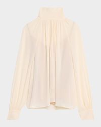 Gathered Long-Sleeve Crepe Blouse