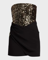 Strapless Sequin Crepe Wrap-Skirt Mini Dress