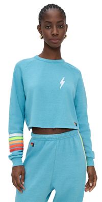 Aviator Nation Bolt Rugby Stitch Cropped Crew Sweatshirt Aquamarine/White Neon M