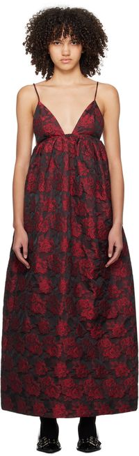 GANNI Black & Red Botanical Jacquard Maxi Dress