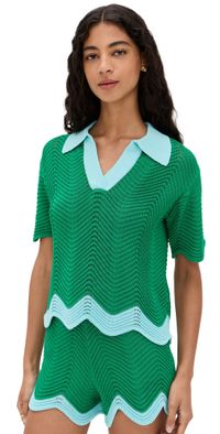 English Factory Scallop Short Sleeve Knit Polo Green/Light Blue L