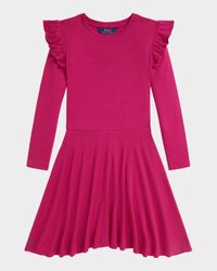 Girl's Ruffled Rib-Knit Long-Sleeve Dress, Size S-XL