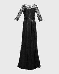 3/4-Sleeve Lace Overlay Gown