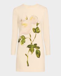 Long-Sleeve Painted Roses Wool Mini Dress