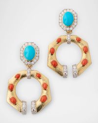 18K Octagonal Gap Link Earrings with Diamonds, Coral and Turquoise