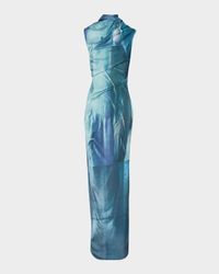 Water-Print Draped Satin Maxi Dress