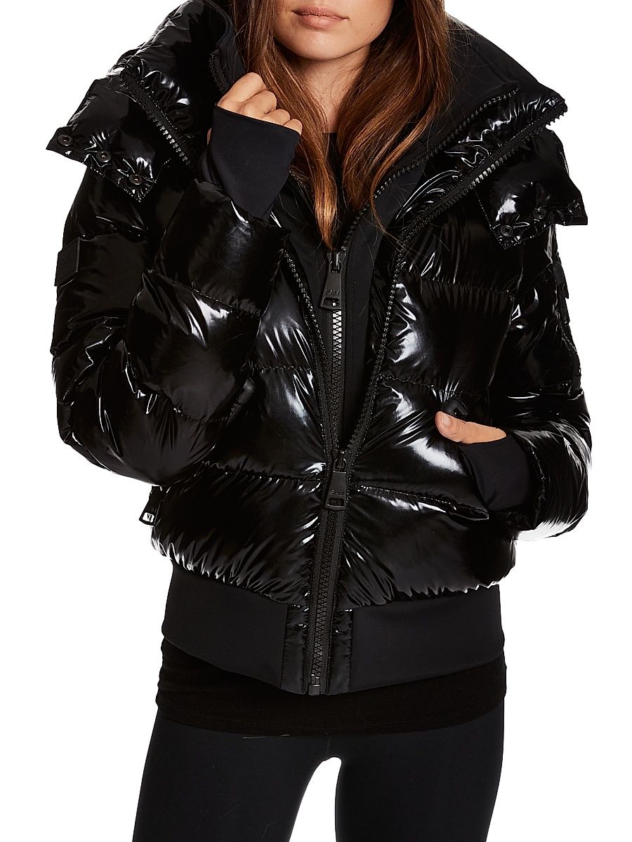 Women's Bungalow Glossy Cropped Puffer Jacket - Caviar - Size XL