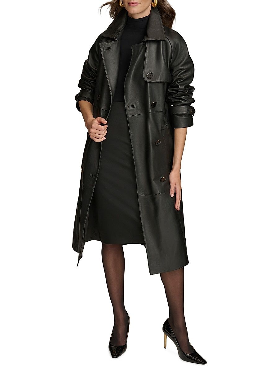 Women's Leather Belted Double-Breasted Trench Coat - Black - Size Large
