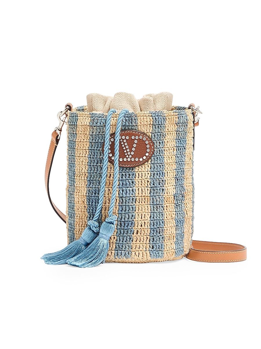Women's Small Bucket Bag in Striped Raffia - Natural Azure
