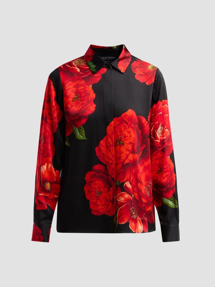 Elie Tahari Women's The Shae Printed Silk Blouse - Bleeding Love Print - Size XL