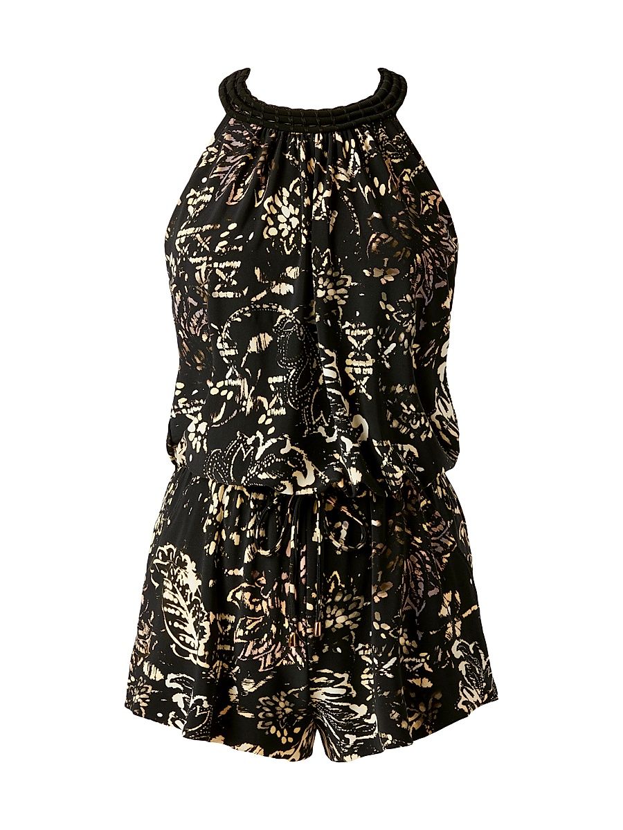 Women's Balinese Piper Abstract Cotton Halterneck Playsuit - Black Multi - Size 16