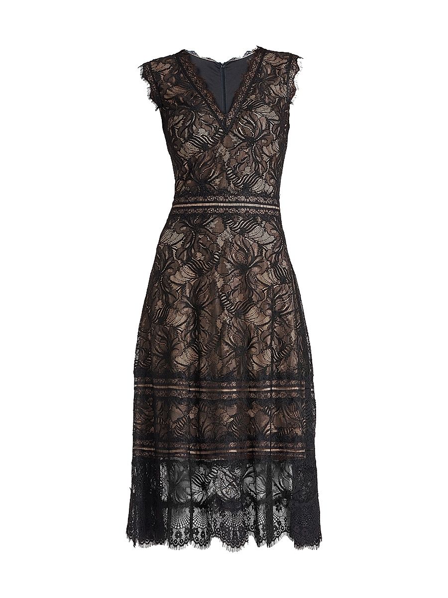 Women's Lace Fit & Flare Midi-Dress - Black Tan - Size 2
