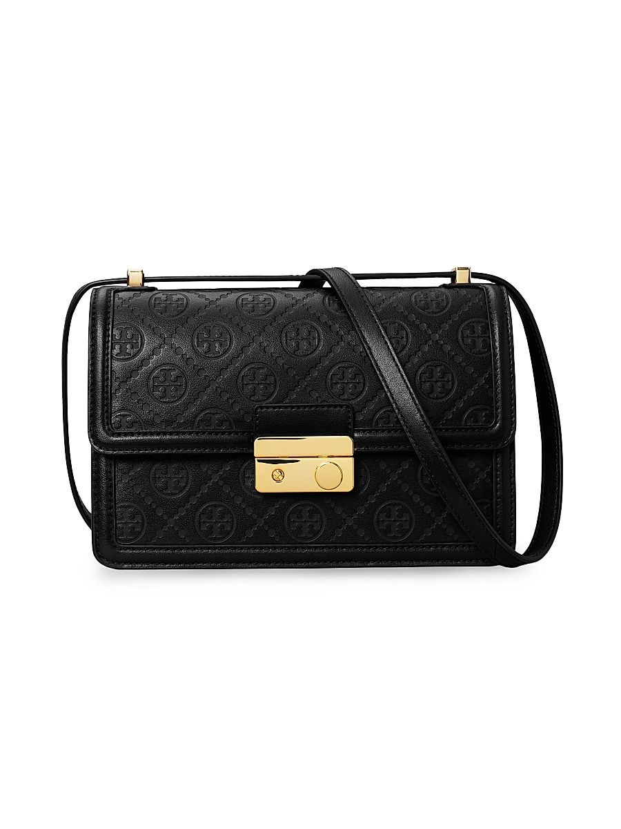 Women's T Monogram Debossed Leather Shoulder Bag - Black
