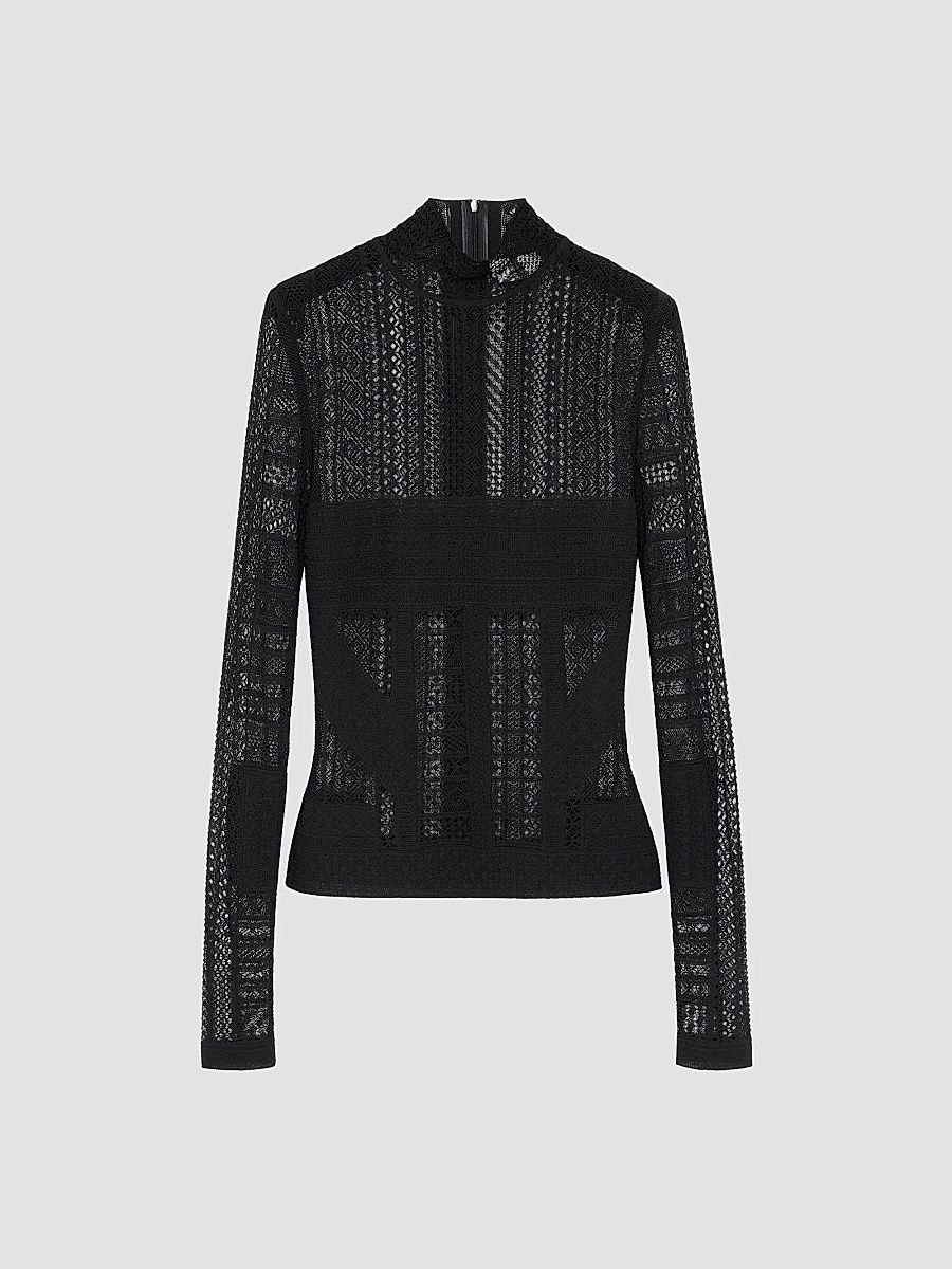 Women's Sheer Lace Long-Sleeve Top - Black - Size 4