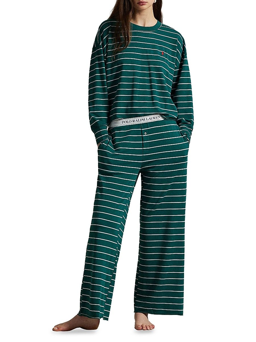 Women's Club Terry Stripe Cotton-Blend Pajamas - Royal Ivy - Size XS