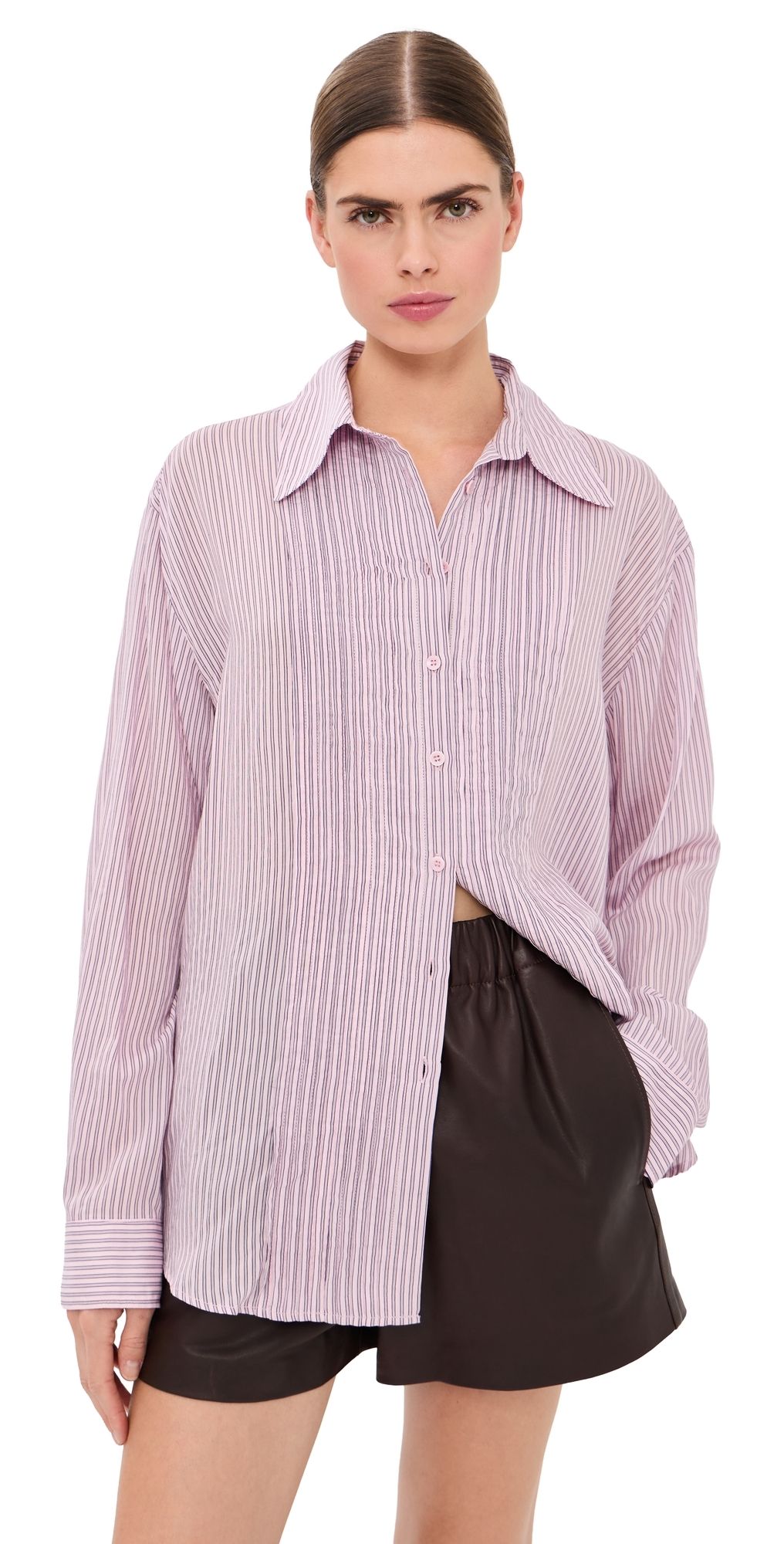 Tibi Ultra Light Striped Pintucked Shirt Pink Multi XL