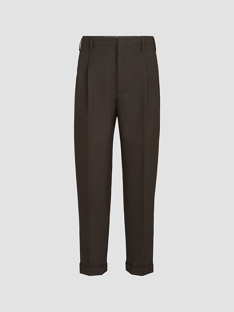 Men's Virgin Wool Diagonal Trousers with Double Pleats - Rust Brown - Size 34