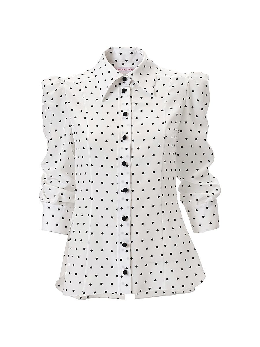 Women's Polka Dot Ruched-Sleeve Shirt - Ivory Multi - Size 16