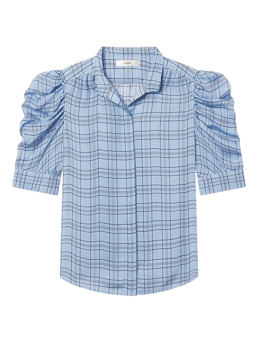 Women's The Gillian Plaid Silk Top - Sky Blue Multi - Size XL