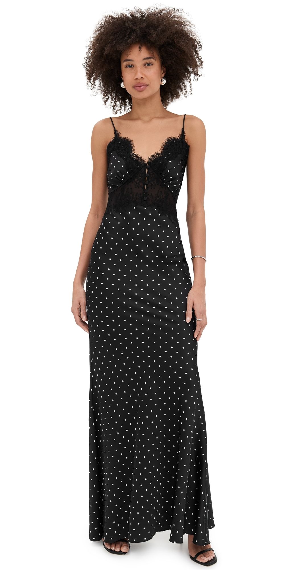 Self Portrait Polka Dot Satin Lace Maxi Dress Black and White 8