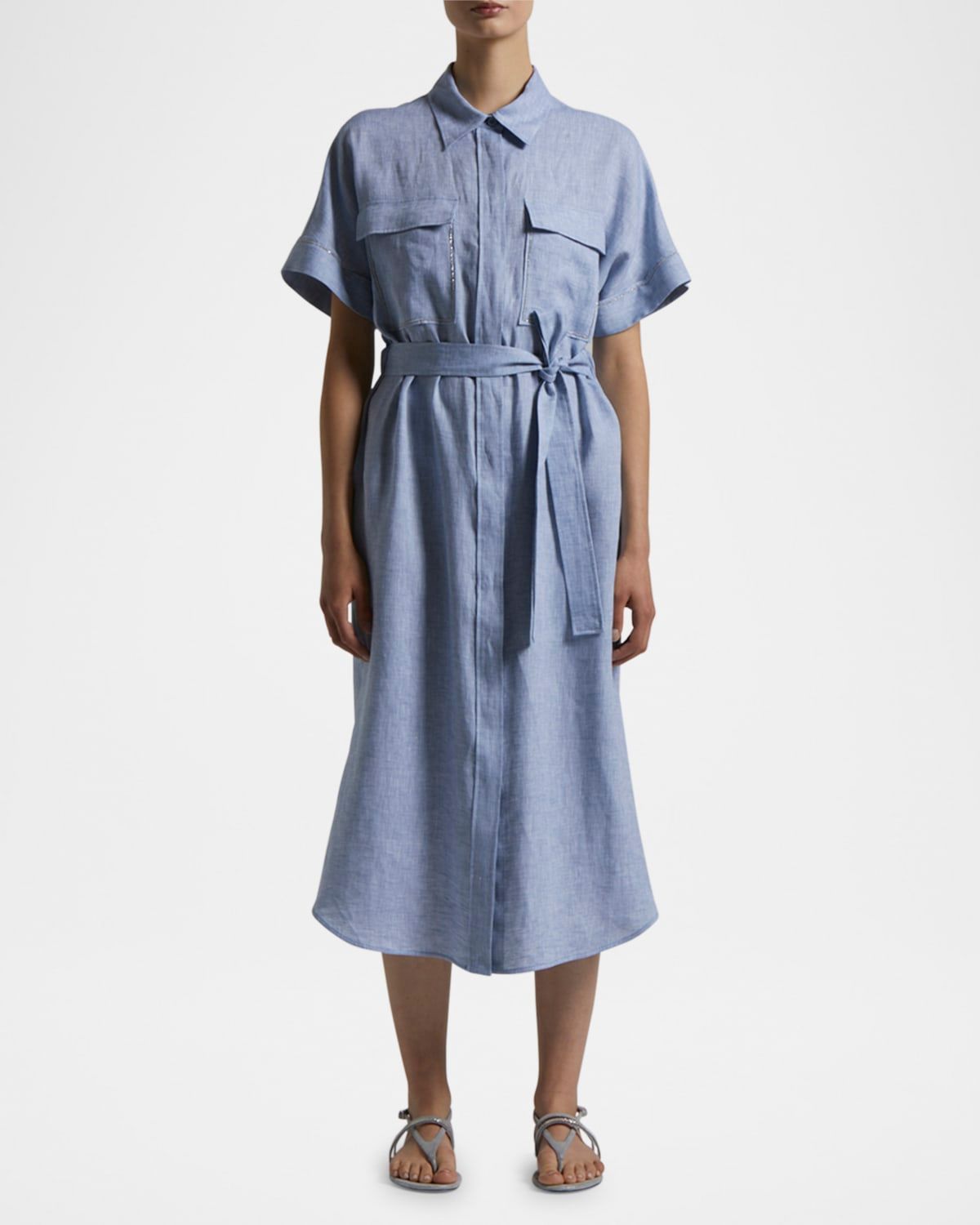 Chain-Trim Linen Midi Shirtdress