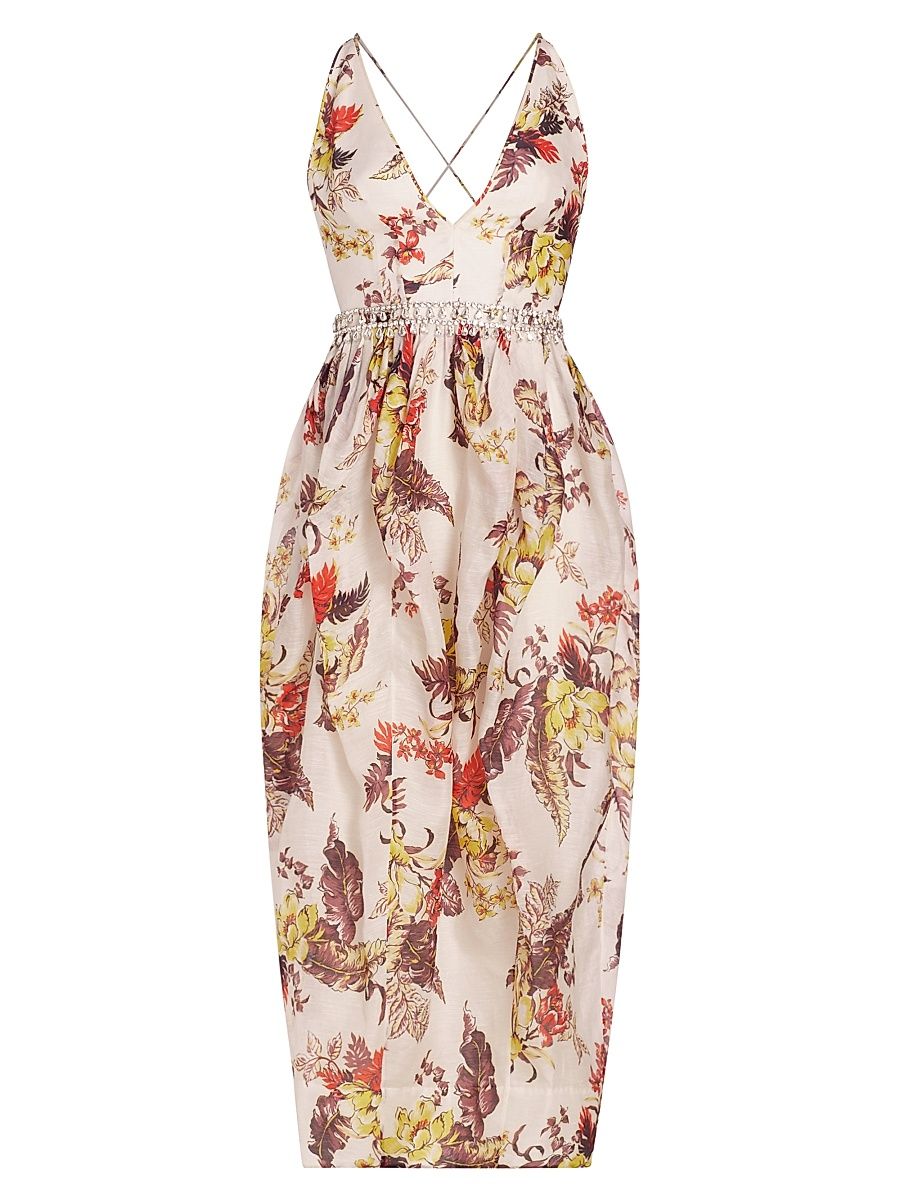 Women's Matchmaker Tulip Linen-Silk Midi-Dress - Ivory Tropical Floral - Size 4