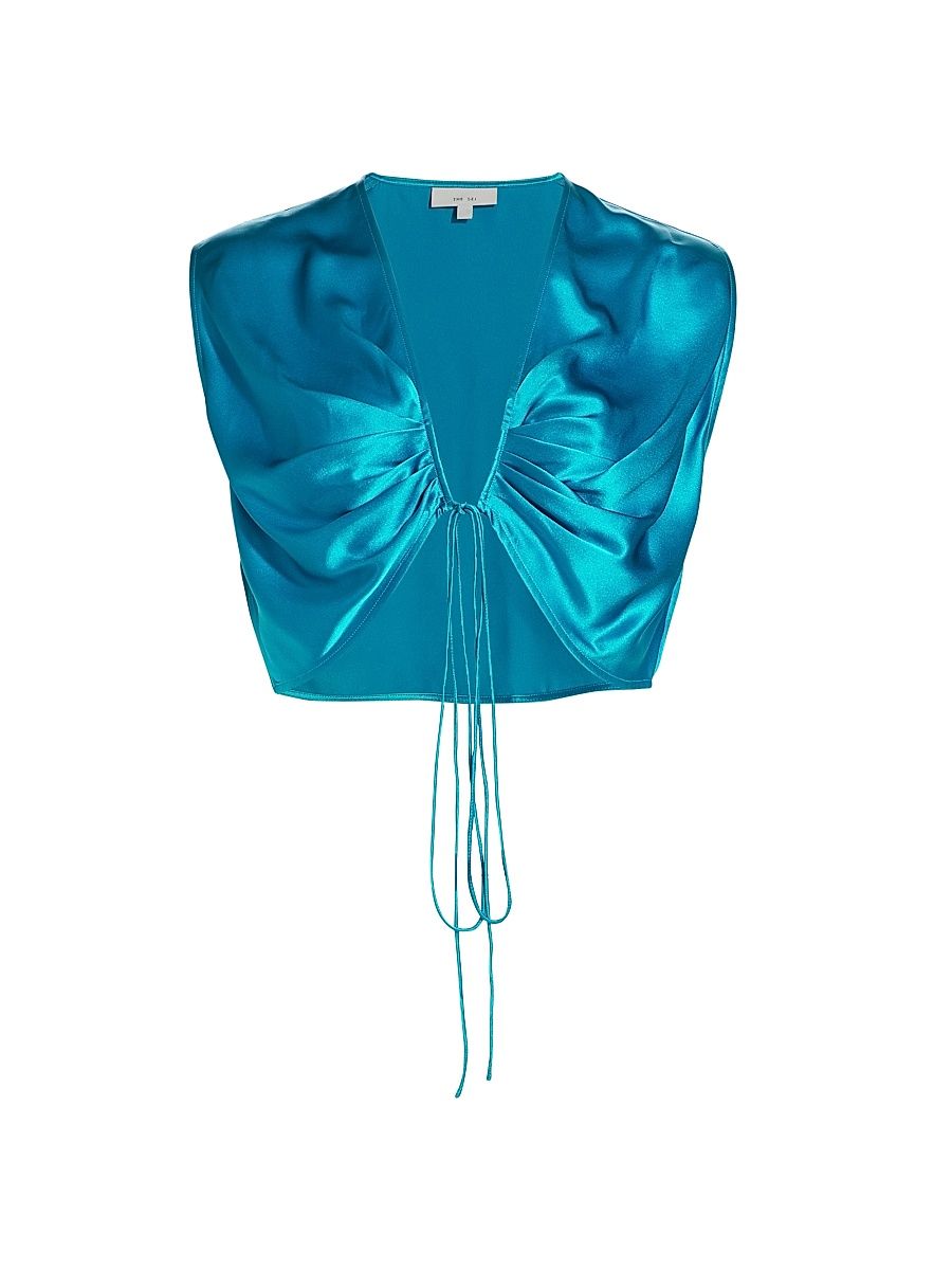 Women's Draped Silk Satin Crop Top - Ocean - Size 10