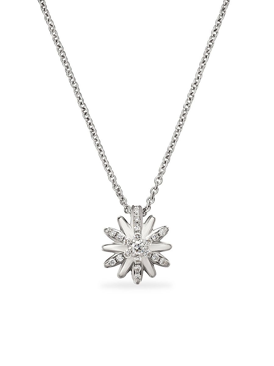 Women's Petite Starburst Pendant Necklace in Sterling Silver with Diamonds, 10.5mm - Diamond - Size 18