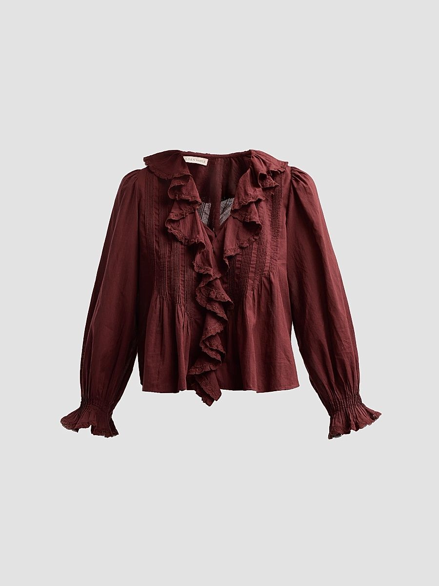 DÔEN Women's Hardy Pintuck Cotton Ruffle V-Neck Blouse - Dahlia - Size XXS