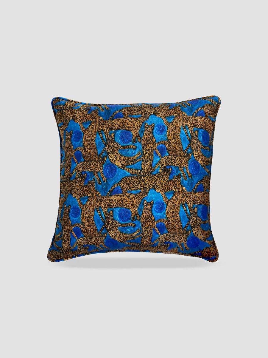 Hunt Slonem Ocelots Blue Pearls Cotton Pillow 22X22 - Blue Pattern