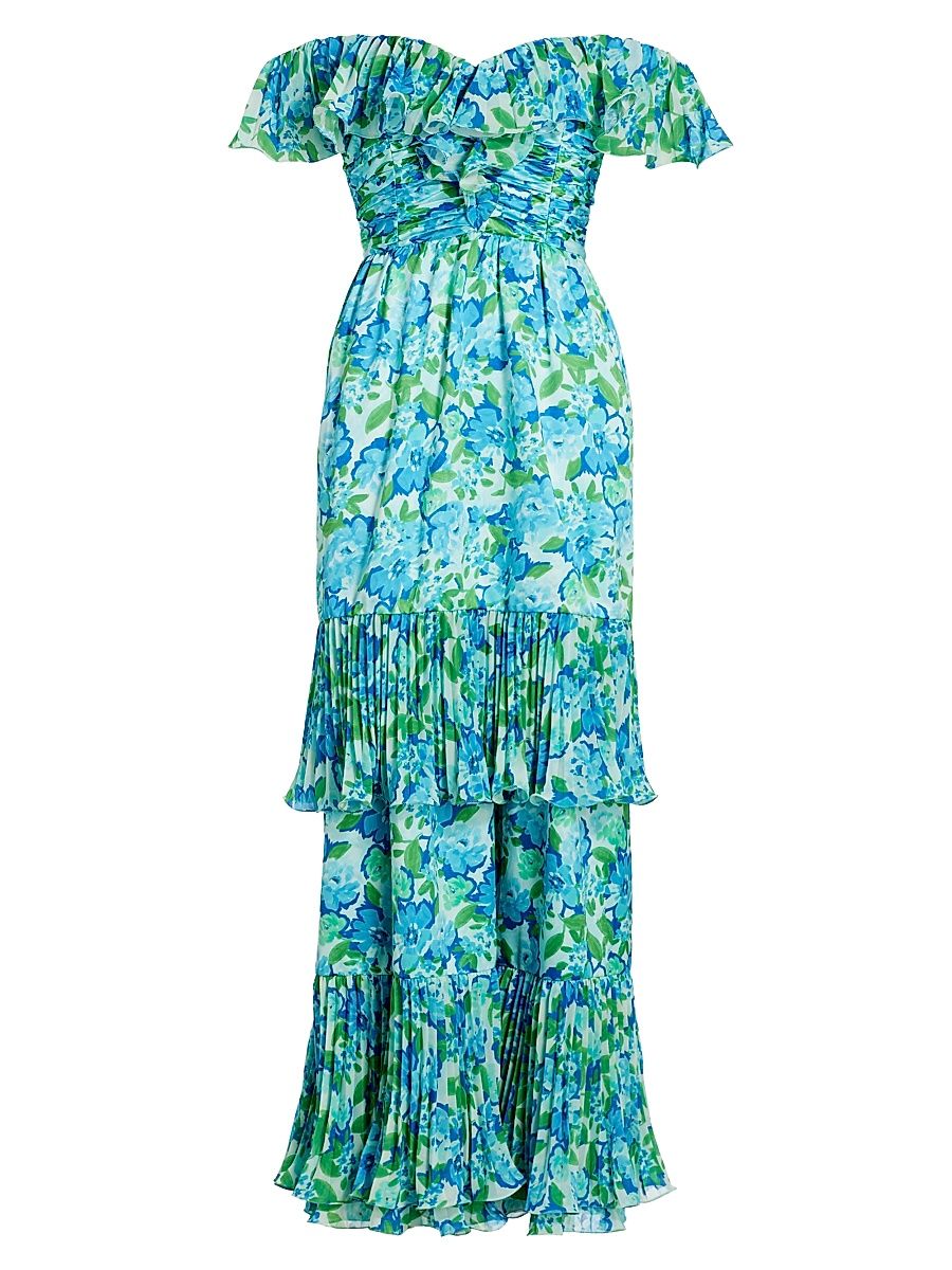 Women's Pia Floral Pleated Maxi-Dress - Garden Blues - Size 10