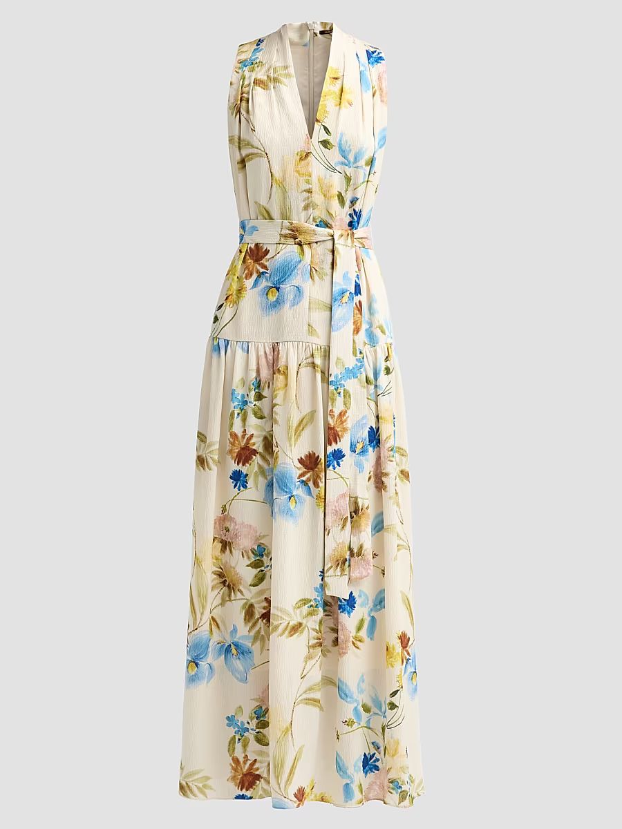 Women's Violet Floral Hammered Satin Maxi Dress - Ecru Multi - Size XXL