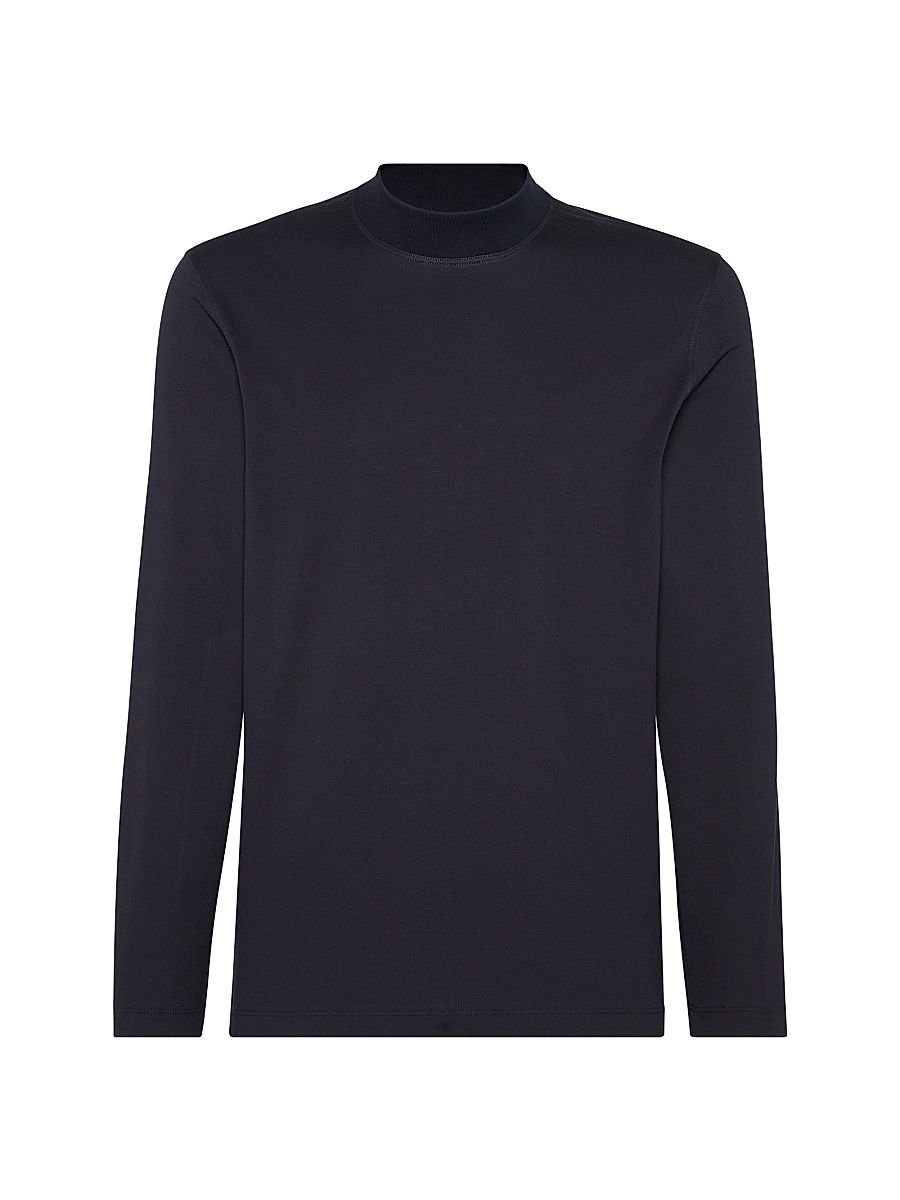Men's Cotton Jersey Mock Neck Long Sleeve T-Shirt - Navy Blue - Size XXXL