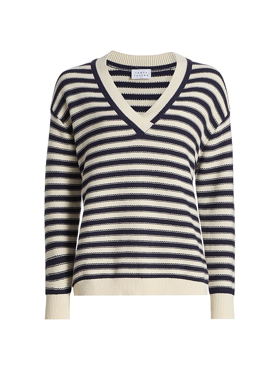 Women's Ashby Striped Cotton-Blend Sweater - Cream Maritime Blue Multi - Size XL