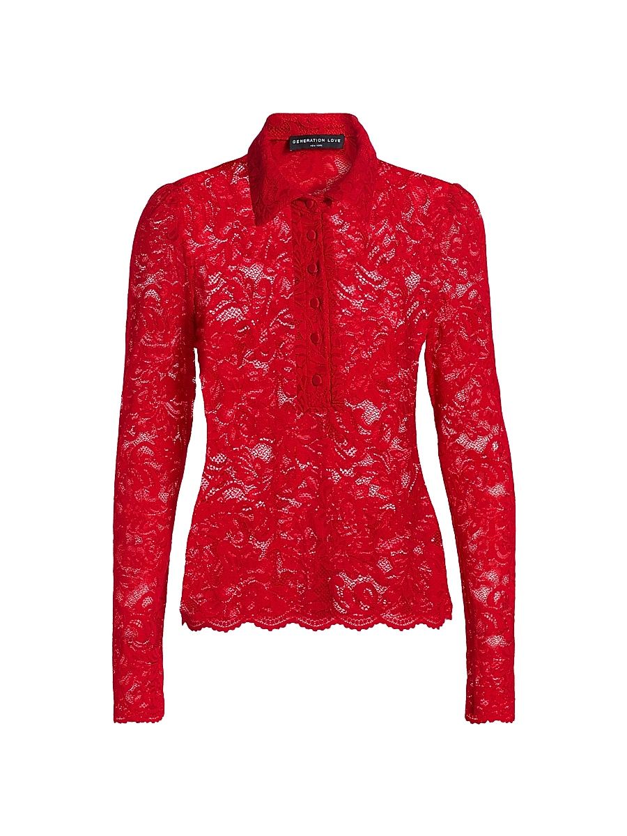 Women's Dominique Floral Lace Long-Sleeve Top - Scarlet - Size Small