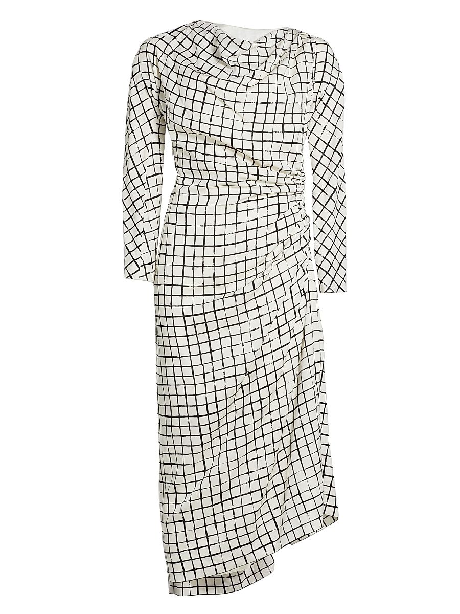 Women's Didi Grid Silk-Blend Gathered Midi-Dress - Ecru - Size 8
