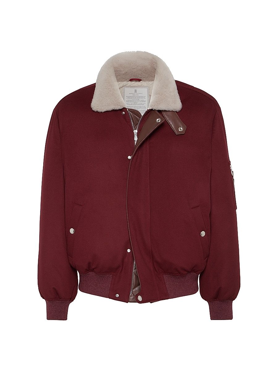 Men's Bonded Wool Flannel Down Jacket with Shearling Lined Collar - Amaranth Red - Size XXS