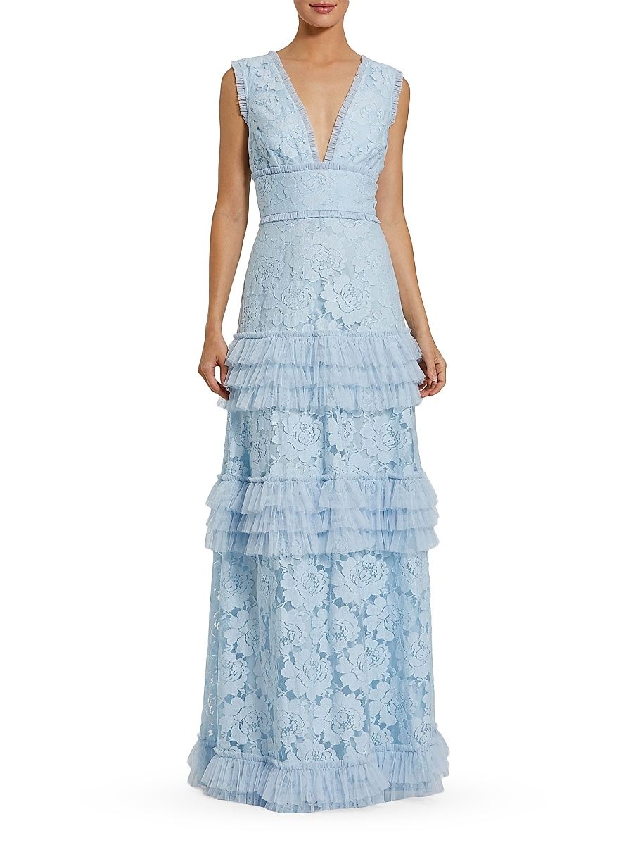 Women's Floral Lace Tiered Gown - Powder Blue - Size 14