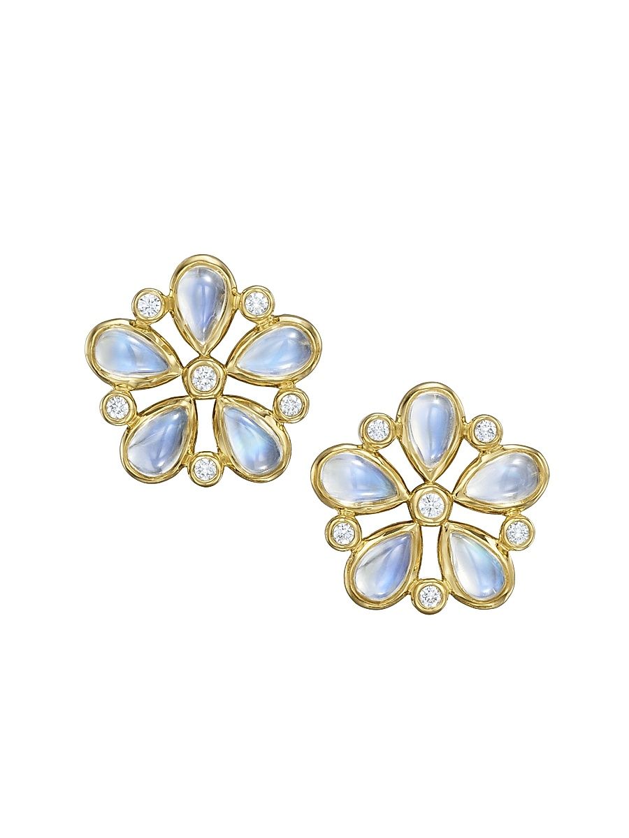 Women's Florence86 FJ Luna Flower 18K Yellow Gold, Blue Moonstone & 0.29 TCW Diamond Stud Earrings - Yellow Gold