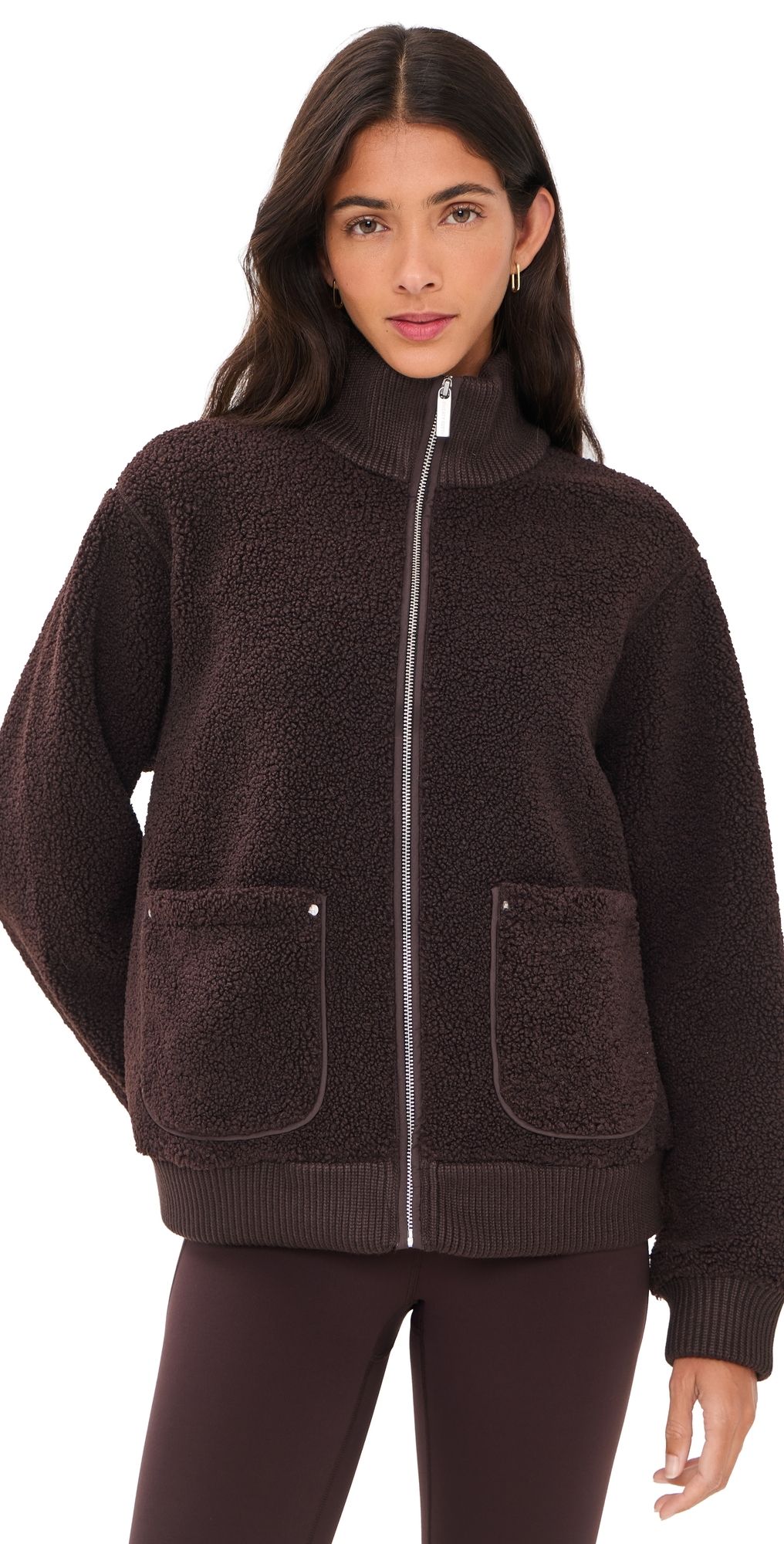 Sweaty Betty Plush Fleece Ribbed Zip Up Sweatshirt Espresso Brown XL