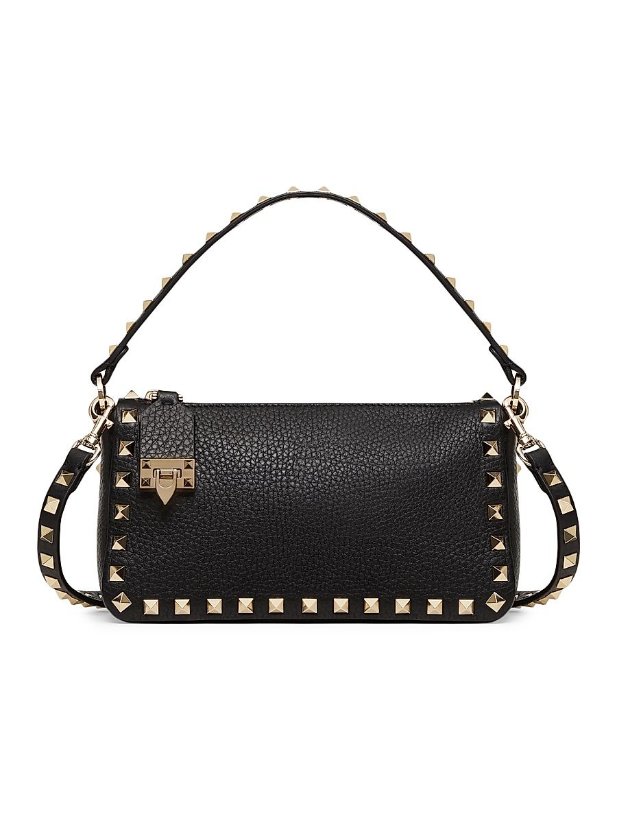 Women's Small Rockstud Grainy Calfskin Crossbody Bag - Black Gold