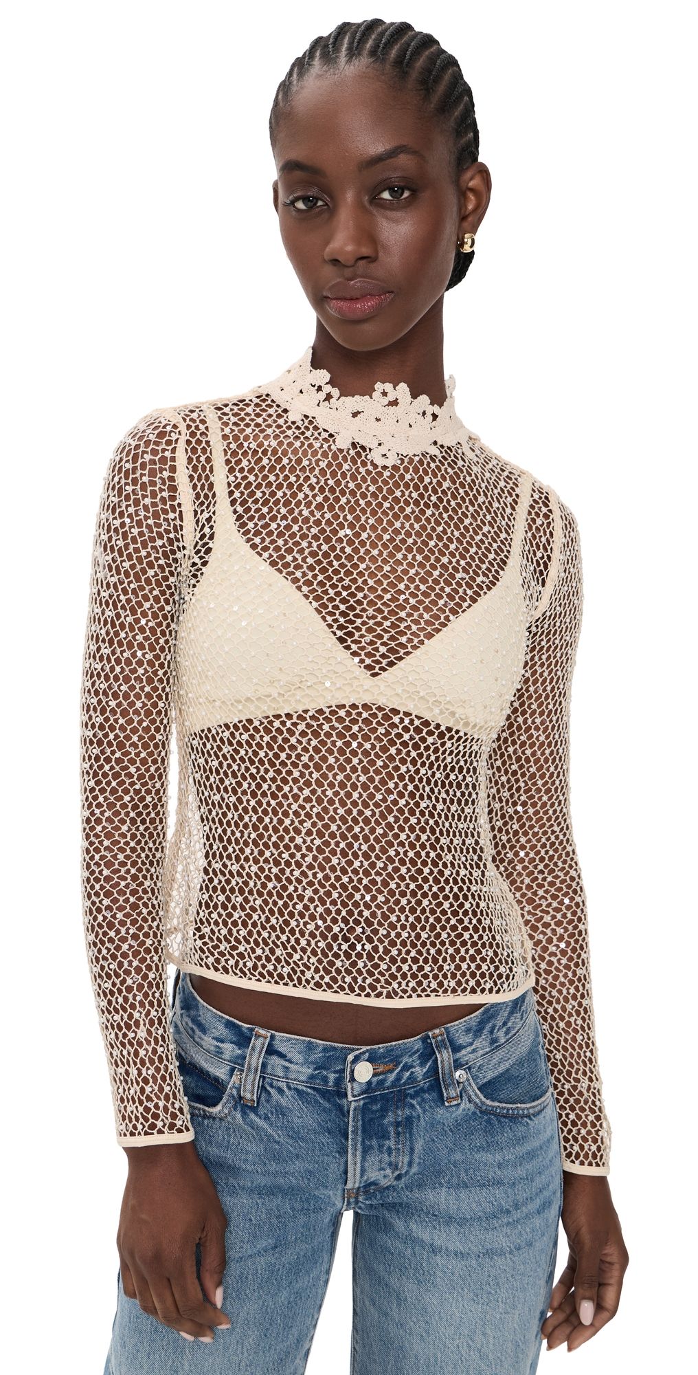 FRAME The Mesh Glimmer Top Cream M
