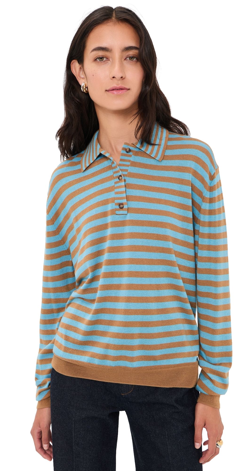 La Ligne Striped Ben Polo Sweater CAMEL/CERULEAN XS