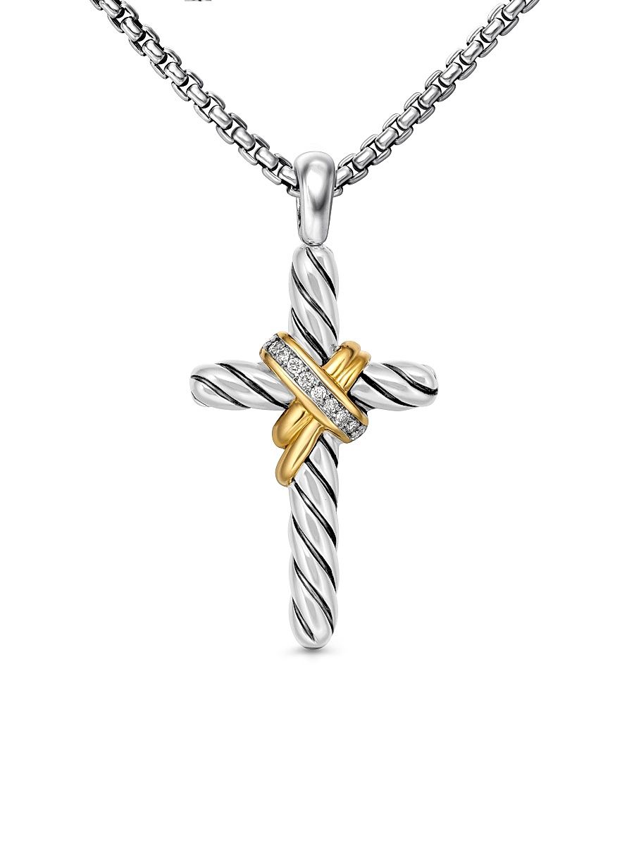 Women's X Cross Necklace in Sterling Silver with 14K Yellow Gold and Diamonds, 31.7mm - Diamond - Size 18
