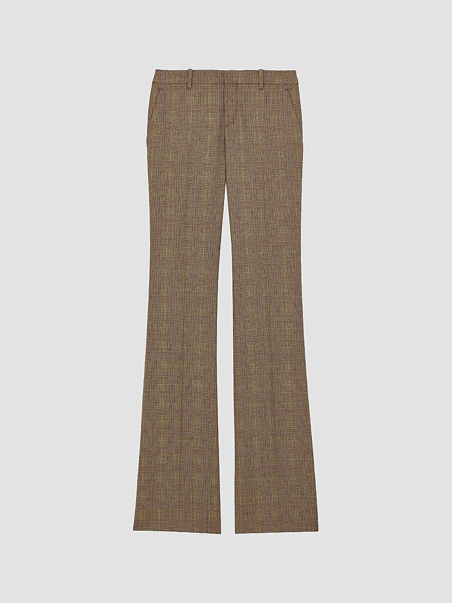 Saint Laurent Women's Flared Pants in Puppytooth Prince of Wales Wool - Beige Marron Marine - Size 4