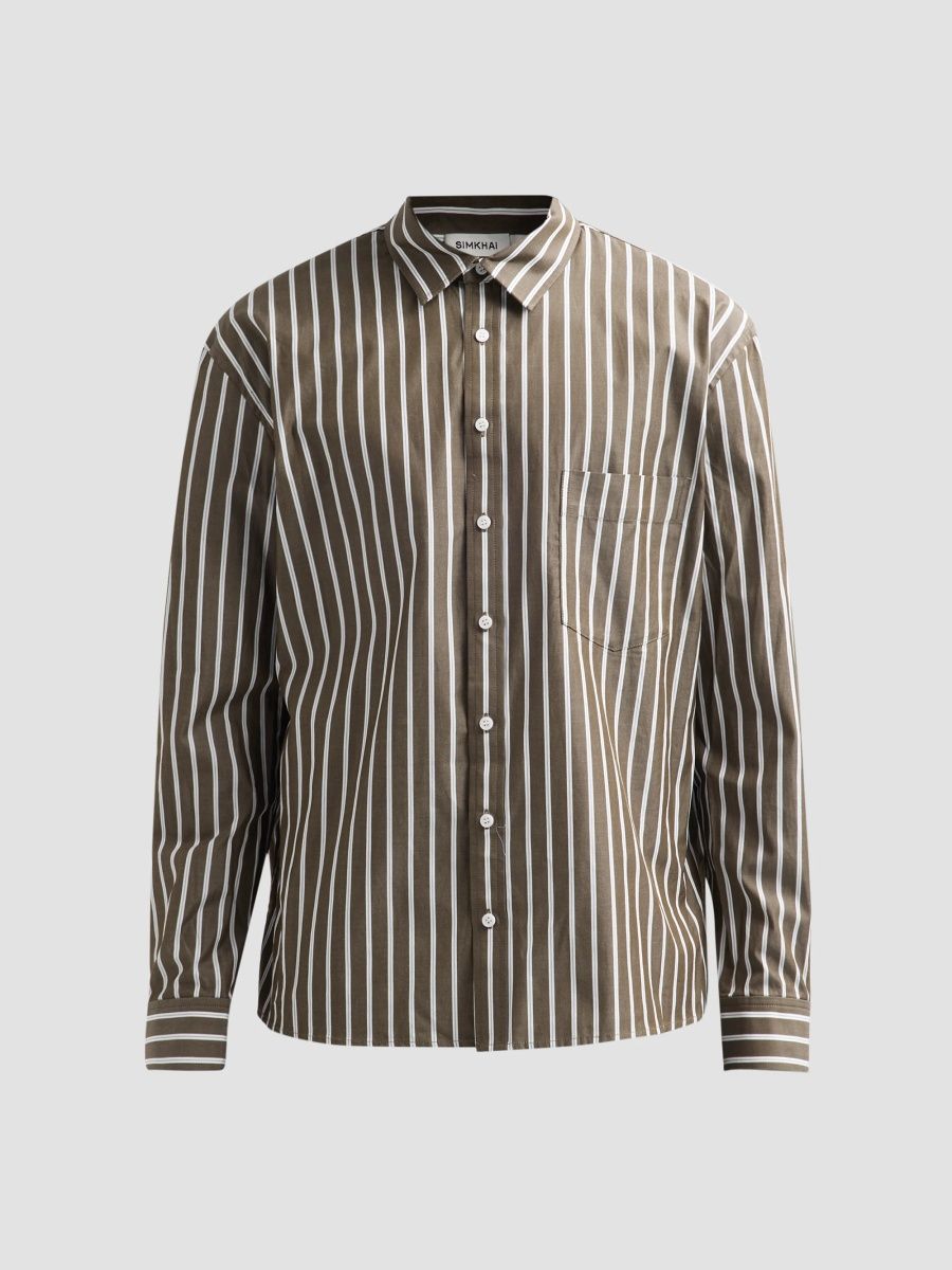 SIMKHAI Men's Khalied Oversized Striped Cotton Poplin Shirt - Dark Olive Multi - Size XL