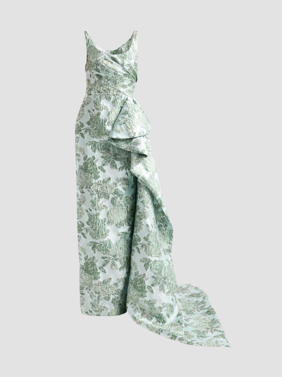 Pamella Roland Women's Jacquard Draped Gown - Mint Multi - Size 12
