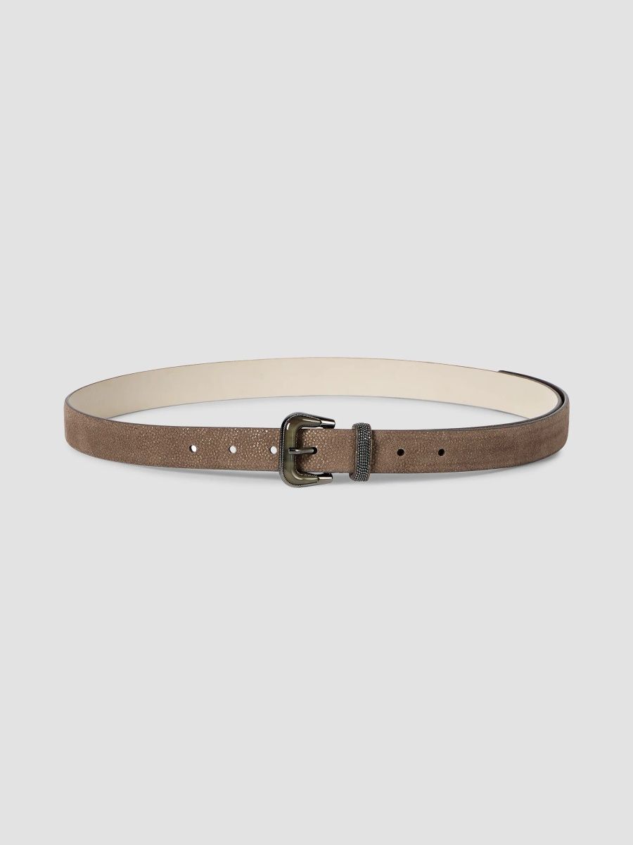 Brunello Cucinelli Women's Sparkling Textured Leather Belt with Monili - Bark - Size XS